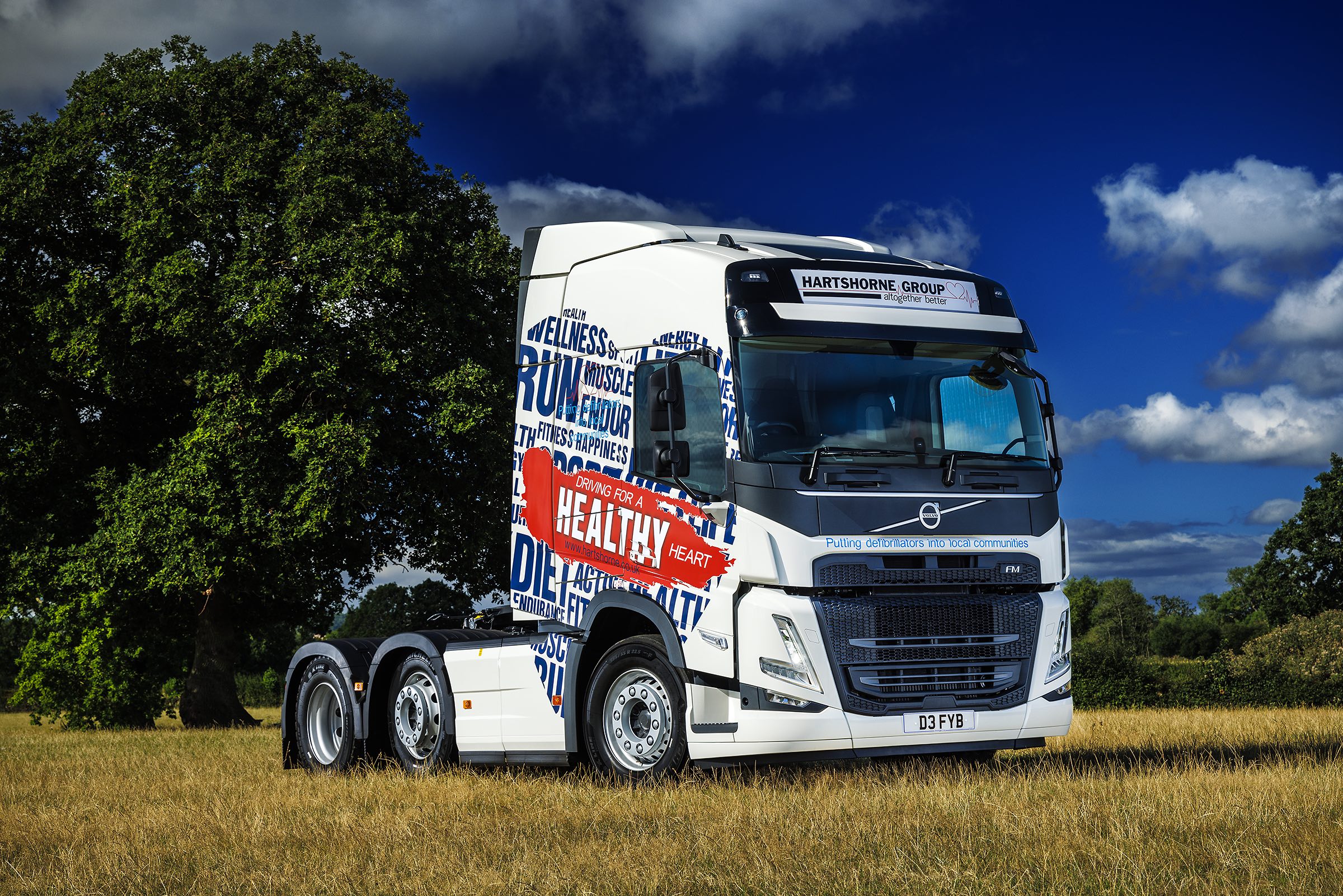 The new demonstrator truck is a state of the art Volvo FM460 with special registration plate D3 FYB (as in 'defib'). The truck is available to Hartshorne customers when they make a donation to the campaign. 